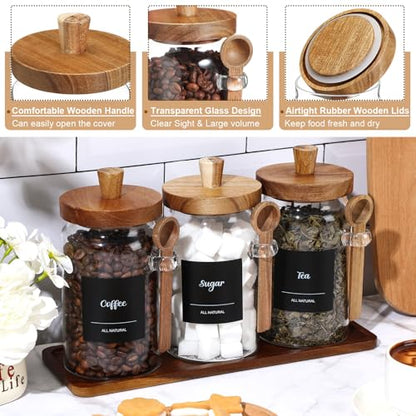 3 Pcs Glass Coffee Container Wood Lid, 25 Oz, acacia Brown | Coffee Tea Sugar Canister Set, Airtight Jar Food Storage with Wood Spoon Tray Labels, Kitchen Counter Bar Organization - size: 25 oz