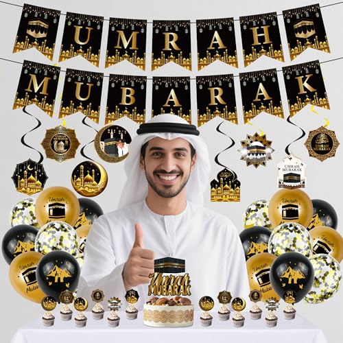 Ramadan Eid Umrah Mubarak Decorations - 41 Pcs Gold Black Eid Mubarak Party Balloons Banners Hanging Swirls Cake Cupcake Toppers Balloon for Lslamic Muslim Umrah Mubarak Festival Party Supplies