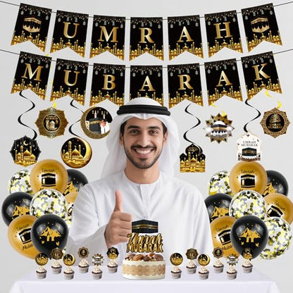 Ramadan Eid Umrah Mubarak Decorations - 41 Pcs Gold Black Eid Mubarak Party Balloons Banners Hanging Swirls Cake Cupcake Toppers Balloon for Lslamic Muslim Umrah Mubarak Festival Party Supplies