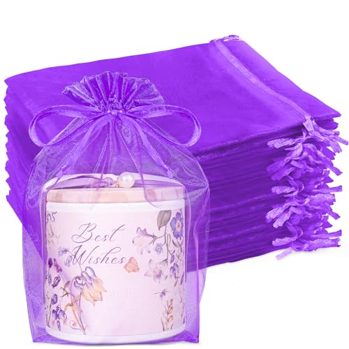 Crweety 100Pcs Large Purple Organza Bags 6x9，Small Mesh Gift Bag Drawstring - color: Purple