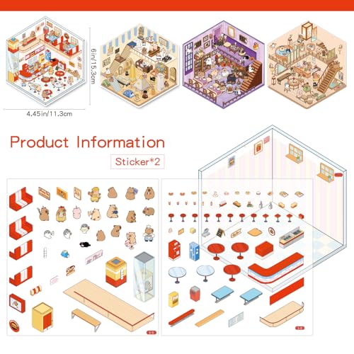 Girls 3D Miniature Scene Stickers, 20 Sets DIY House Stickers, DIY Sticker Scene, Cute 3D Cartoon Sticker Scenes for Adult Kids Relief Stress Pass The Time - style: Multiple Scene
