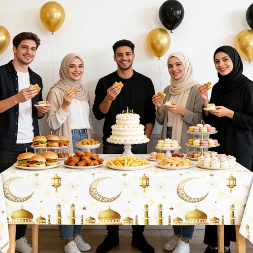 Eid Mubarak Tablecloth Ramadan Decorations for Table Ramadan Mubarak Table Cover for Eid Al-fitr Muslim Islam Party Decor Sign 54 x 108 Inch Black & White