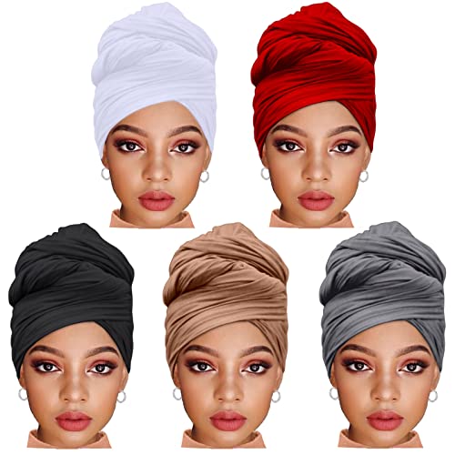 ZRQ 5 Pieces Headwraps for Women Stretch Jersey Turbans Scarf Soft Urban Hijab Solid Color Multicolor Combination African Headwear Fashion Headband (Black,Camel,Bright Burgundy,White,Dark Grey) - color: Black,Camel,Bright Burgundy,White,Dark Grey