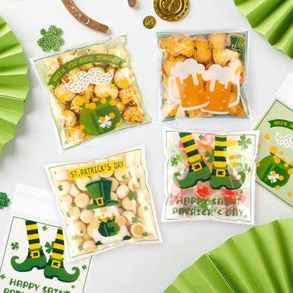 100 PCS Clear St Patricks Ziplock Bags, Plastic St Patricks Treat Gift Candy Goodie Snack Cookie Bags Party Favors Supplies for Gifts Giving Shamrock Bags Holiday Candy Bags Wrap - color: 100pcs St Patrick's bags