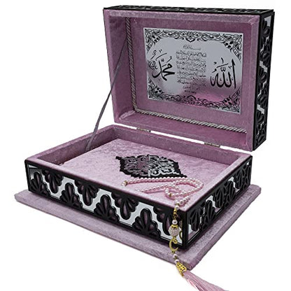 Modefa Islamic Turkish Holy Quran in Arabic with Keepsake Velvet Gift Case & Prayer Beads (Pink/Black) - color: Pink/Black