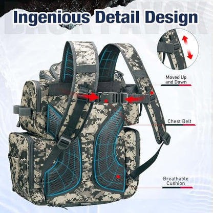 Piscifun Fishing Tackle Backpack with 2 Rod Holders, 4 Boxes & Rain Cover | Multi-pocket storage, fits 3600/3700 trays, bottle holder, padded straps for bank fishing - color: Digital Camouflage