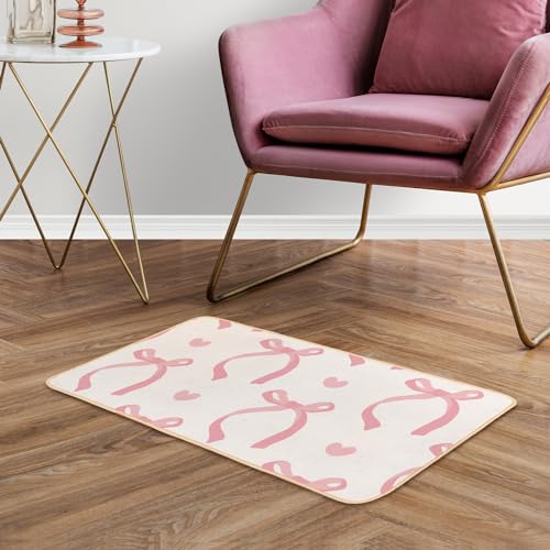 Cute Coquette Pink Bow Welcome Mat for Girls Bedroom Bathroom Decor | Heart Bow Home Decor, Pink Bathroom Floor Mat, Gifts for Pink Lovers, Non-Slip Indoor Entryway Mat, 29.5 x 15.7 Inch