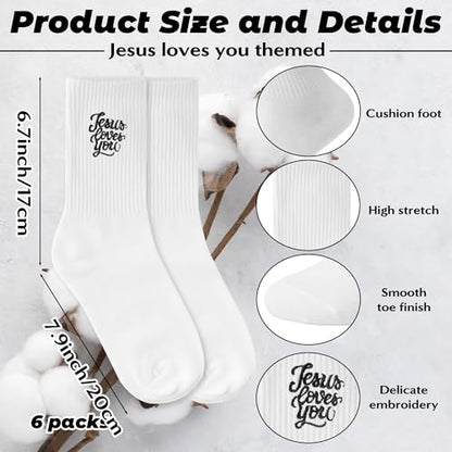 R HORSE 6 Pairs Religious Embroidered Socks - Anti Slip Cotton Socks with Bible Verse Christian Jesus Loves You Dress Sock for Teen Women Men Athletic Running Training Supplies Birthday Sports Gifts