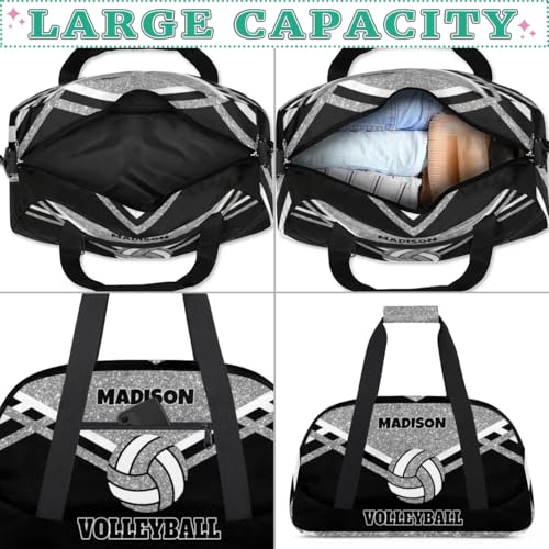 Custom Name Sports Volleyball Duffel Bag, Silver Black Glitters Personalized Sport Gym Duffel Cheerleading Bag Travel Weekender Tote Carry-On Bag - color: Silver Black