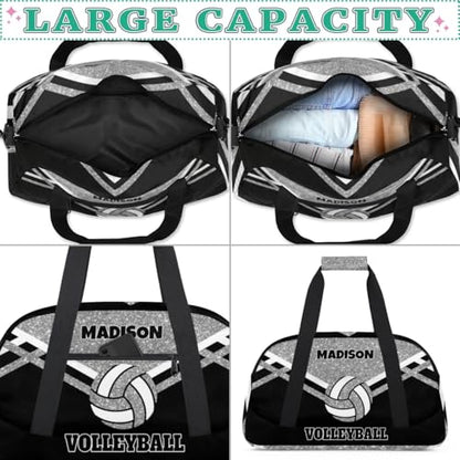 Custom Name Sports Volleyball Duffel Bag, Silver Black Glitters Personalized Sport Gym Duffel Cheerleading Bag Travel Weekender Tote Carry-On Bag - color: Silver Black