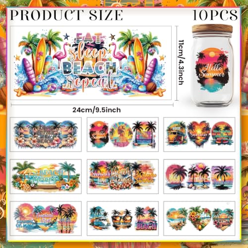 20 Pcs UV DTF Cup Wraps, 10 Styles Summer Beach Decals Cartoon Rub on Decals Waterproof Transfer Stickers for Glass Cups Wood Crafts - style: Summer Beach