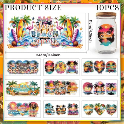 20 Pcs UV DTF Cup Wraps, 10 Styles Summer Beach Decals Cartoon Rub on Decals Waterproof Transfer Stickers for Glass Cups Wood Crafts - style: Summer Beach