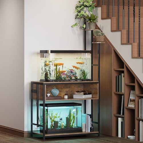 Aquarium Stand with Plant Shelves,20-Gallon Fish Tank Stand with 2-Tier Storage and Display Racks,Metal Frame Reptile Tank Table with Tall Plant Holders,Industrial Rack for Home,Office