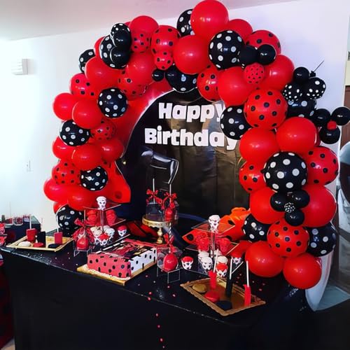 Ladybug Balloons, Red Black Polka Dots Balloons Matte Black and Red Balloon Black and White Polka Dot Latex Balloon for Kids Adults Ladybug Birthday Jungle Party Wedding Baby Shower Graduation - color: Red Black Polka Dots