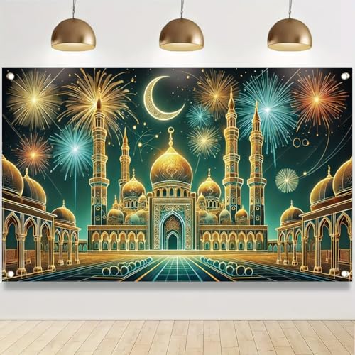 Ramadan Eid Mubarak Banner 71x43 Inch Golden Mosque Crescent Moon FireworksDecoration for lslamic Festival Celebration Indoor Outdoor Holiday Decor - color: Style 4