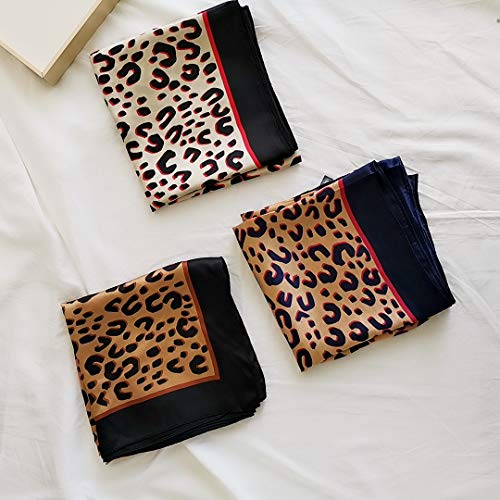 FONYVE Silk Feeling Scarf Medium Square Satin Head Scarf for Women 27.5 × 27.5 inches - color: 02 Leopard Black Brown