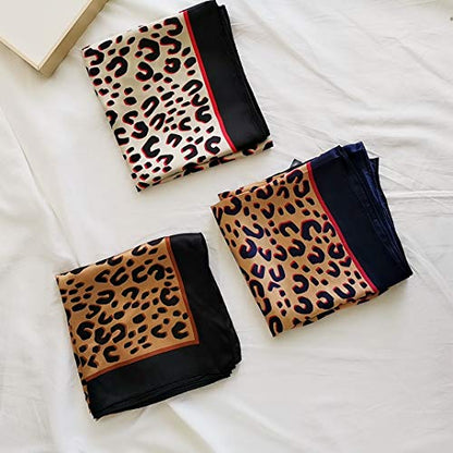FONYVE Silk Feeling Scarf Medium Square Satin Head Scarf for Women 27.5 × 27.5 inches - color: 02 Leopard Black Brown
