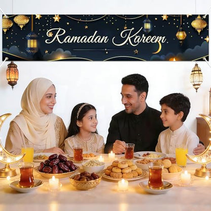 BlissYard Ramadan Kareem Banner 78 x 17 Inch Islamic Holiday Wall Backdrop Moon Star Design for Eid Mubarak Home Porch Fence Party Decor Spiritual Celebration