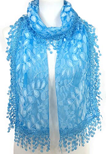 Cindy & Wendy Lightweight Soft Leaf Lace Fringe Scarf Bridal Shawl for Women - color: Turquoise Blue