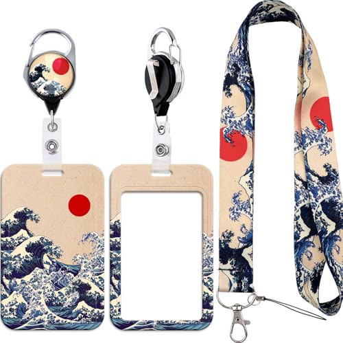 Key Lanyard with ID Badge Holder for Cruise Ship Cards & Cool Wave Reel Clip Retractable for Work Name Tag Men Boys, The Great Wave Off Kanagawa - color: The Waves of Kanagawa