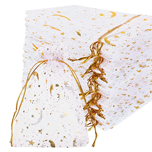 Shappy 150 Pieces Drawstring Organza Bags Small Moon Stars Drawstring Sachet Jewelry Mesh Gift Bags Pouches Gold Star Organza Favor Pouches for Christmas Wedding Party(3.5 x 4.7 Inch,White) - color: White