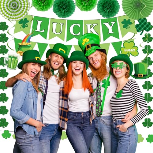 St. Patrick's Day Decorations Kit Shamrock Garlands Hanging Swirls Lucky Banner for Saint Patrick's Day Party Decor, Green Paper Fans Pom Poms Irish Decor for Home Saint Patrick Party Supplies - style: St. Patrick's Day