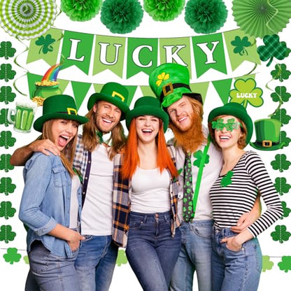 St. Patrick's Day Decorations Kit Shamrock Garlands Hanging Swirls Lucky Banner for Saint Patrick's Day Party Decor, Green Paper Fans Pom Poms Irish Decor for Home Saint Patrick Party Supplies - style: St. Patrick's Day