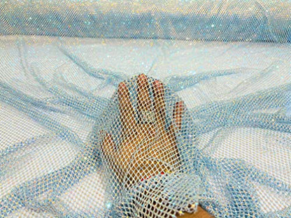 New Creations Fabric & Foam Inc, 45" Wide AB Iridescent Rhinestone On Soft Stretch Fish Net Fabric by The Yard (1 Yard, Iridescent Rhinestones on Light Blue Mesh) - color: Iridescent Rhinestones on Light Blue Mesh