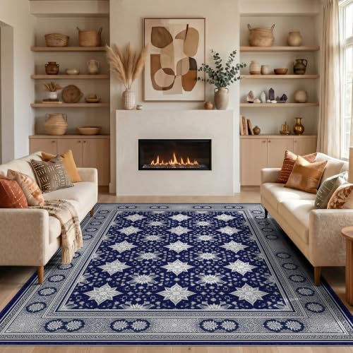 5'x7' Blue Midnight Silver Filigree Star Motif Washable Area Rug - color: Blue/Pattern 18, size: 5' x 7' (Rectangular)