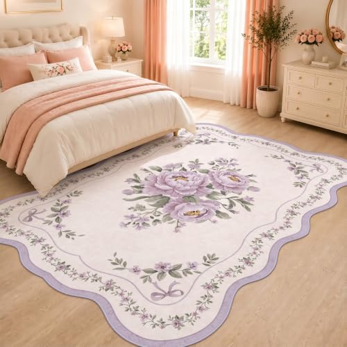 Scalloped Floral Rug for Bedroom Girls, 6x9 Purple Lavender Washable Area Rug for Living Room, Soft Non-Slip Low Pile Carpet for Nursery, Playroom, Dorm or Kids Room - color: Purple, size: 6' x 9' (Rectangular)
