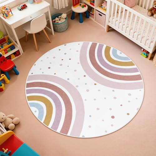STARUIA Round Rainbow Nursery Rug, 5 Ft Washable Kids Rug for Playroom, Non-Slip Colorful Rugs for Classroom, Large Princess Rugs Soft Girls Bedroom Carpet for Kids Room Reading Nook - color: Morandi, size: 5' x 5' (Round)