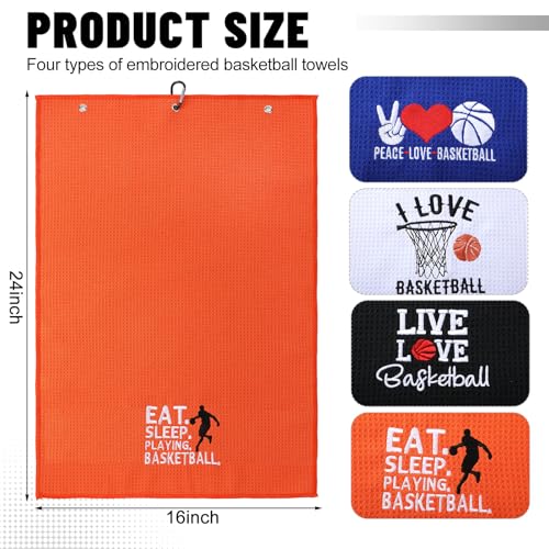 VitalCozy 4 Pieces Funny Basketball Towel 16 x 24 Inch Embroidered Basketball Sweat Towels with Clip Workout Towel Hand Bath Towels Basketball Player Sports Gifts for Men, 4 Styles - color: Bright, style: Basketball