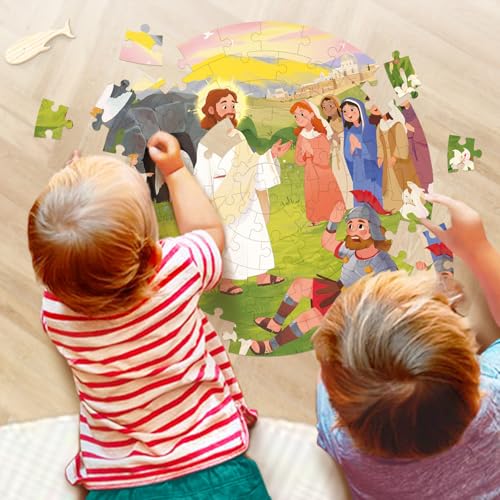 Wooden Easter Puzzle for Kids Ages 3-5, 70 Piece 17.7x17.7 Inches Round Floor Puzzles for Kids Ages 4-8, Bible Themed Christian Religious Easter Gifts for 3 4 5 6 Year Old