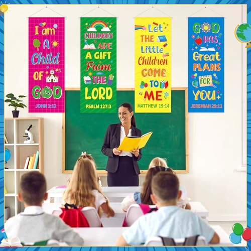 Panelee 4 Pcs Church Banners for Sanctuary Wall Rainbow Cartoon Church Banners with Scripture Inspirational Religious Praise Bible Verses Hanging Backdrop Signs for Sunday School Worship Decoration - style: Bible Cartoon