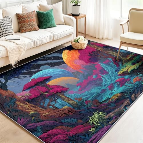 Area Rugs for Living Room 2 x 3 ft, Low Pile Large Soft Stain Resistant Non-Slip, Alien Landscape Cartoon Psychedelic for Bedroom Dining Room Indoor Home Decor Carpet Colorful - color: Colorful 4, size: 2' x 3' (Rectangular)