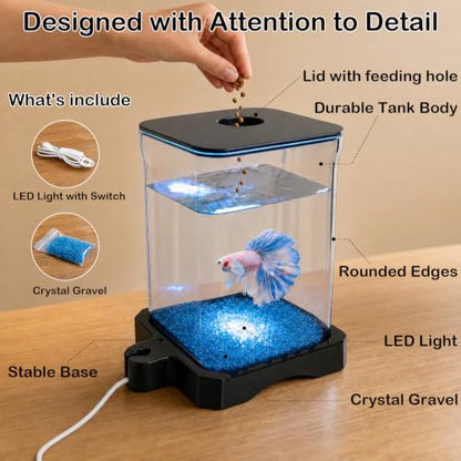 0.5 Gallon Betta Fish Tank Aquarium Starter Kit with Light and Lid(Black) | Premium Acrylic Aquarium with Light and Lid, Crystal Clear Starter Kit for Betta Fish, Shrimp, Snails and Small Fish - color: Black, size: 0.5 Gallon
