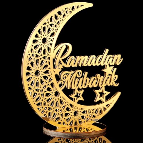 DoubleFill Acrylic Wooden Islamic Ramadan Decoration - 10 Inch Eid Tabletop Decors Ramadan Mubarak Centerpiece Islamic Mosque Muslim Table Sign Decoration Home Decor for Gift Eid Tabletop(Gold)