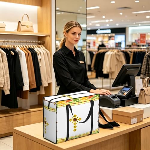 Large Grocery Bags with Zipper Closure, Polyester Foldable Shopping Bags, Heavy Duty Reusable Tote Bags - color: Ethiopian Cross