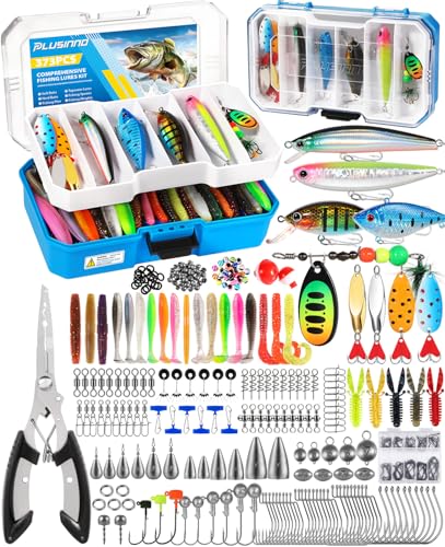 PLUSINNO Bass Fishing Lures Tackle Box Gear Kit with Tackle Included | Waterproof, Compact & Customizable, Bass Trout Fishing Gear Kit, Freshwater Topwater, 16 Rigs, Fishing Gifts for Men Starter - color: Blue 373 PCS Lures Box
