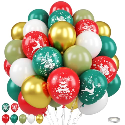 Christmas Balloons, Red Green Gold Balloons with Tree Elk Santa Claus Print Balloon, Retro Green Gold Red and White Xmas Party Balloon for Christmas Birthday New Year Winter Holiday Party Decorations - color: Red Green Gold