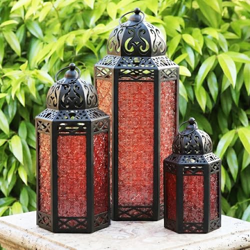 Vela Lanterns Decorative Outdoor for Patio/Porch - Floor Moroccan Candle Holder Set of 3 - Turkish Lamps, Table Centerpieces, Hanging Outdoor Decor for Wedding, Ramadan (XL, Large, Small - Red Glass) - color: Red, size: XL-LAR-SM