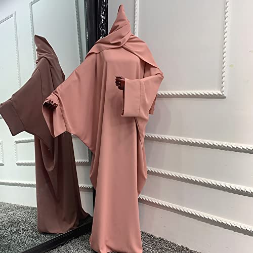 Muslim Dress for Women Pakistani Kaftan Abaya Robe + Hijab Arabic Islamic Prayer Clothes Dubai Outfits - color: Pink Set