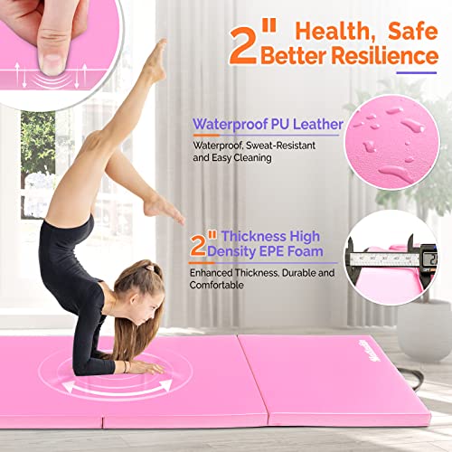 Matladin 8' Folding Gymnastics Gym Exercise Aerobics Mat, 8ft x 2ft x 2in PU Leather Tumbling Mats with Hook & Loop Fastener for Stretching Yoga Cheerleading Martial Arts - color: Pink