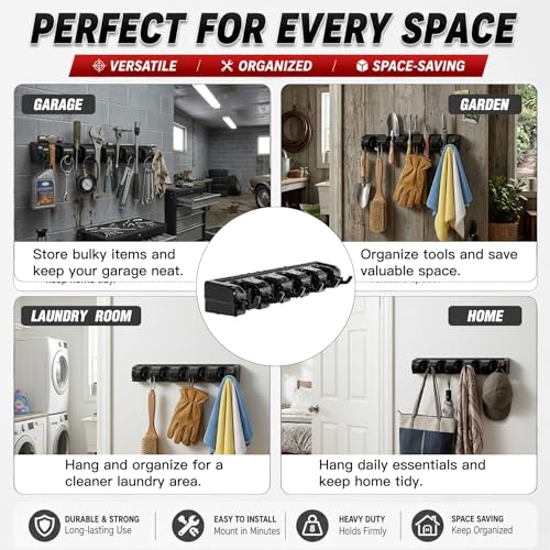 HYRIXDIRECT Broom Hanger Wall Mount, Broom Mop Organizer for Garage | 5 slots, 6 hooks, 7.5 lbs/slot, heavy-duty, space-saving, fits long-handled tools, mops, rakes, shovels, garage, shed - color: Beige
