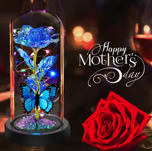 Mothers Day Rose Gifts for Mom, Birthday Gifts for Women Moms, Galaxy Crystal Light Up Rose in A Glass Dome,Mothers Day Flowers Presents Girlfriend Wife Sister Mother Mom from Daughter,Butterfly Blue - color: Butterfly- Blue