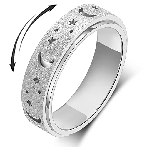 OreilleStar Anxiety Ring Spinner - Stainless Steel Fidget Ring for Women & Men, Silver, Size 6 - size: Size 6, style: Moon Star-Silver