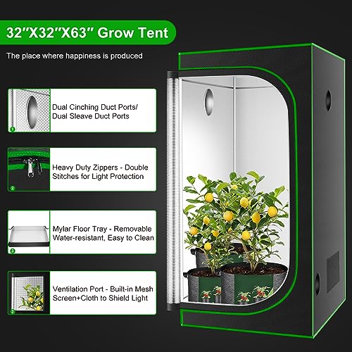 32"x32"x63'' Grow Tent, High Reflective 600D Diamond Mylar Canvas with Observation Window and Floor Tray for Hydroponic Indoor Plant Growing - size: 32"x32"x63''