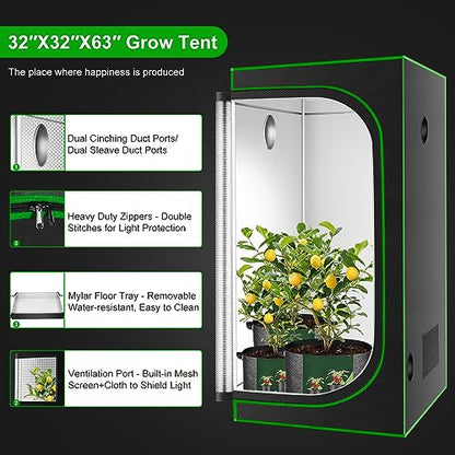 32"x32"x63'' Grow Tent, High Reflective 600D Diamond Mylar Canvas with Observation Window and Floor Tray for Hydroponic Indoor Plant Growing - size: 32"x32"x63''