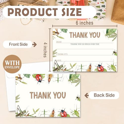 Kids Thank You Cards with Envelopes, Bug Theme Fill in the Blank Thank You Notes for Kids, Toddler Stationery Set, Ideal for Birthday Party, Graduation & School Gag Gifts - B03 - color: Bug Style