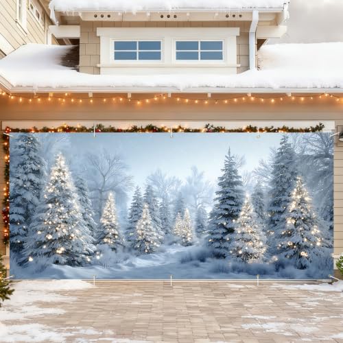 Christmas Tree Garage Door Banner 7x16FT,Winter Snow Garage Door Cover Backdrop Garage Door Cover - color: Christmas tree, size: 7*16 ft